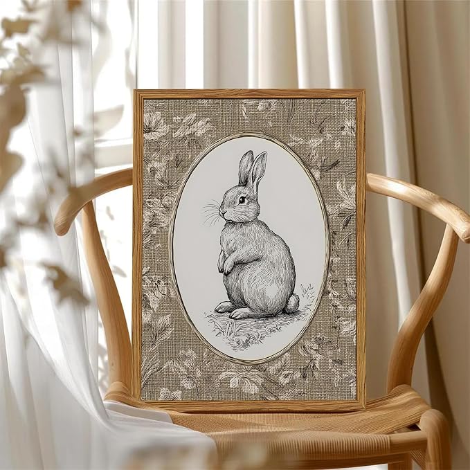 Framed Vintage Rabbit Wall Art, Cute Easter Bunny Pictures Wall Decor, Rustic Farmhouse Animal Paintings Canvas Prints Cottagecore Home Decor for Nursery Living Room Bedroom 12x16 inch