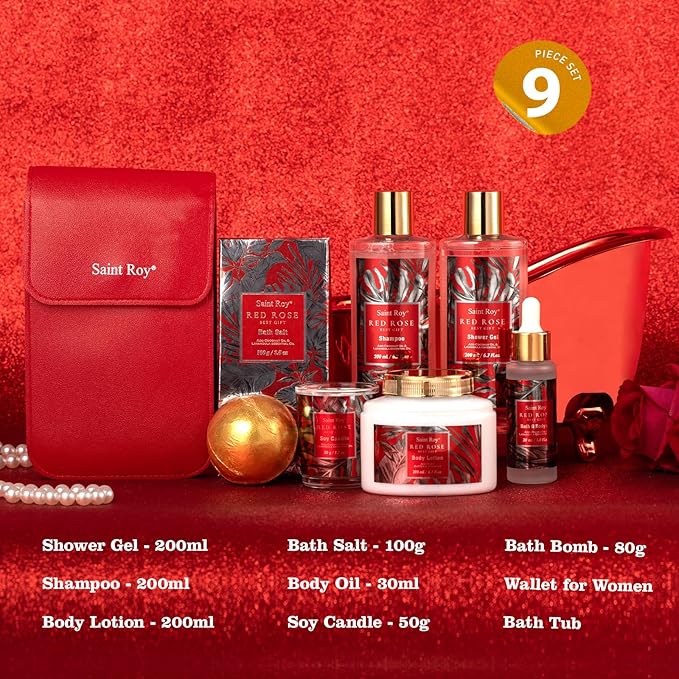 Mother gifts Spa Gift Set For Women, Birthday Gifts for Her, Spa Gift Basket for Women, Red Rose Bath and Body in Floral Scents Bath Kits, Home Spa Gift Basket, Bath Spa Kit for Mothers day Lotion
