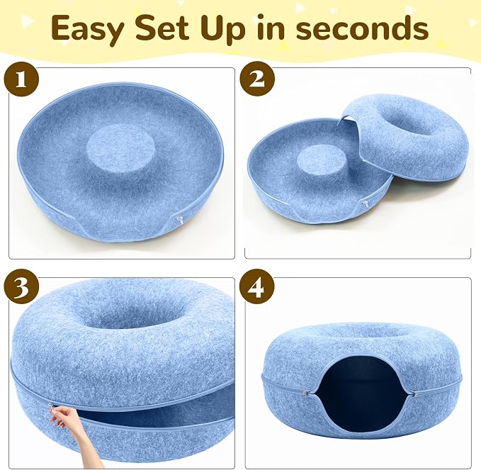Cat Caves for Indoor Cats, Large Cat Tunnel for Multiple & Large Cats, Scratch Detachable Cave Bed, Kitten Donut Kitty Hideaway Up to 45 Lbs (Blue, Large, 2 Pack)