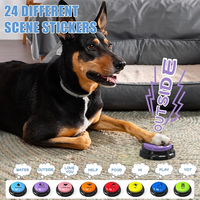 Dog Buttons for Communication 8 Pcs, 30s Recordable Dog Talking Buttons Starter Set with Anti-Slip Mat & 24 Scene Stickers, Pet Training Voice Buzzer