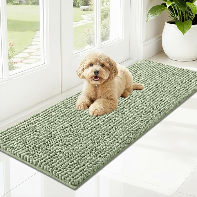 OLANLY Dog Door Mat for Muddy Paws 47x17, Extra Absorbent Chenille Mud Mat | Sage Green, Absorbs Moisture and Dirt, Non-Slip Machine Washable Doormat, Quick-Drying Indoor Entryway Floor Mat for Dogs