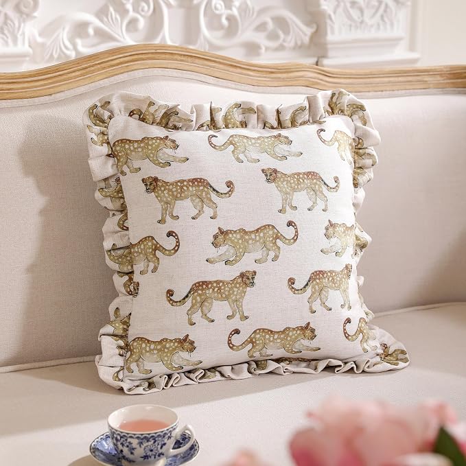 patdrea Designer Vintage Linen Throw Pillow Cover,18"x18",Set of 2-Fromm C | Elegant Decorative Pillow Case with Zipper,Ruffle Leopard Pattern,Pillow Cover for Couch Living Room Bedroom Sofa