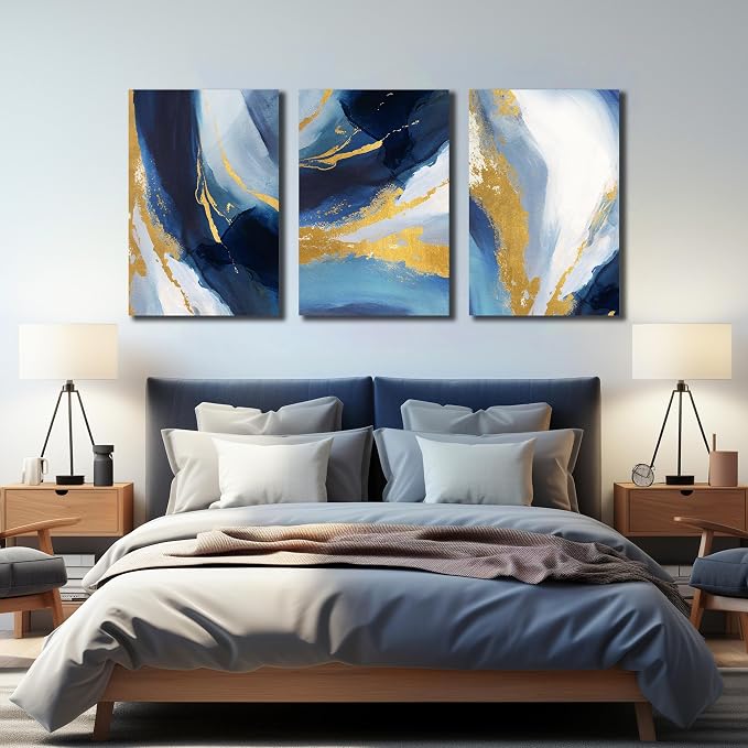 DNIEOTU Abstract Wall Art for Living Room, Blue and Gold Canvas Picture Prints Wall-Decor for Bedroom, Size 24 x 36 Inches 3-Pieces