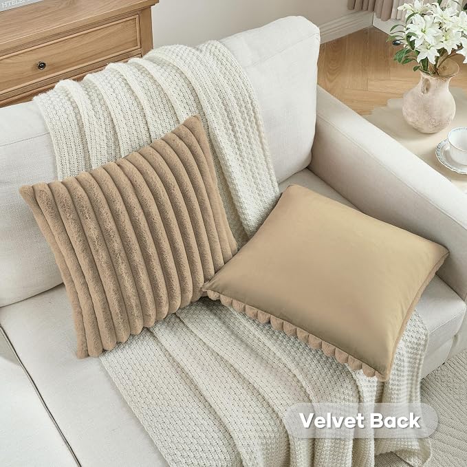 FUTEI Pack of 2 Faux Fur Throw Pillow Covers 28x28 Inch, Khaki | Fluffy Faux Rabbit Fur Front/Premium Velvet Back,Hidden Zipper,Machine Washable,Non-Shedding,Colorfast,Insert Not Included.