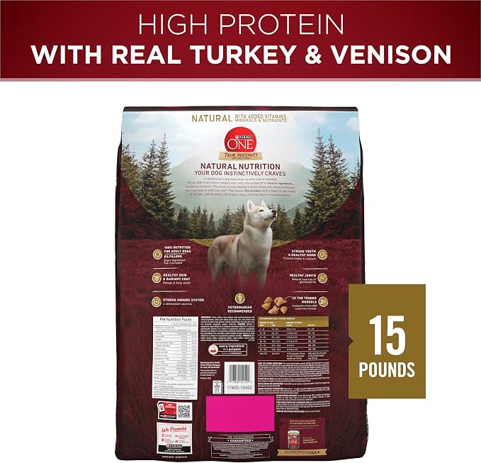 Purina ONE True Instinct Dry Dog Food, Real Turkey & Venison, 15 lb Bag | Nutrient dense, with 30% protein to help support strong muscles, natural with added vitamins, minerals and nutrients