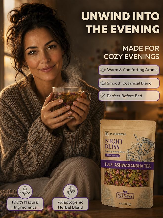 Night Bliss Tulsi Ashwagandha Tea Loose Leaf - Evening Ritual Herbal Blend for Sleep Support & Relaxation - Caffeine Free with Holy Basil, Chamomile, Lemongrass & Lavender, 4 oz