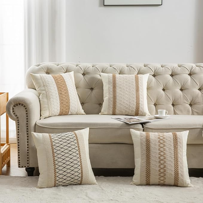 Throw Pillow Covers 18 x 18 Inch 1PC for Farmhouse Living Room, Cotton & Burlap Textured Striped Woven Boho Pillow Covers (Beige & Brown, Double Striped)