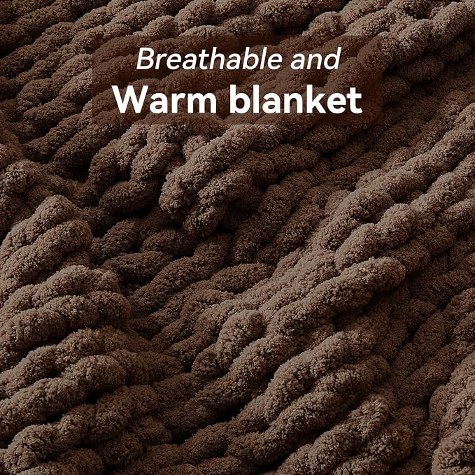 Negwoo Chunky Knit Throw Blanket, Knitted Throw Chenille Yarn, 40"*50" | Soft Thick Cable Knitted Blankets, Handmade Big Thick Blanket, Machine Washable Cute Comfy Blanket for Home Decor, Dark brown