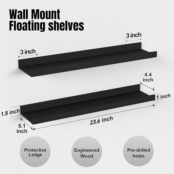 Boswillon Floating Shelves Set of 2, Long Wall Shelf with Lip, 24in, Black | Display Ledge Shelf for Room Wall, Wall Decor Shelves for Bathroom, Living Room, Bedroom, Kitchen, Nursery Room, Modern, Wood