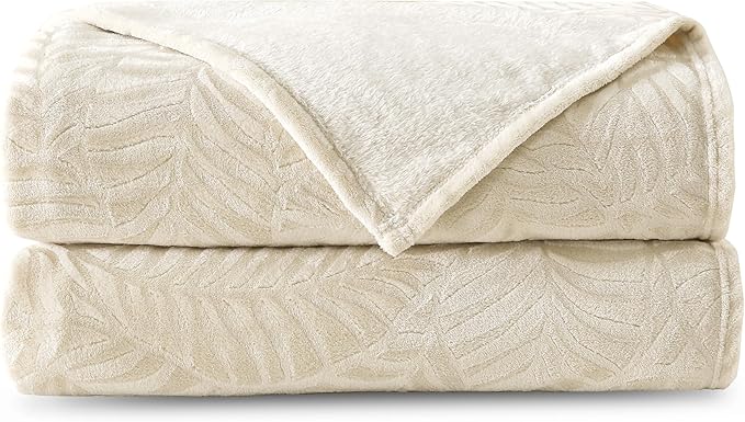 Super Soft Flannel Fleece Throw Blanket, 50 x 60 Inches, Linen | Lightweight Cozy Warm Leaves Textured Plush Blanket for Bed Couch Sofa