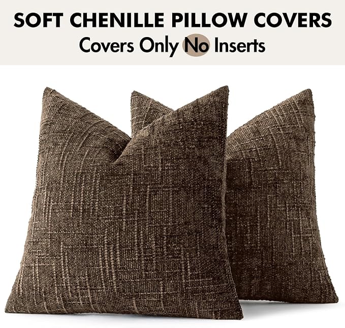 MIULEE Chenille Textured Throw Pillow Covers Reddish Brown 20x20 Set of 2 | Slubby Decorative Pillows, Boho Farmhouse Fall Home Decor, Modern Neutral Cushion Covers for Couch Sofa Bed Living Room
