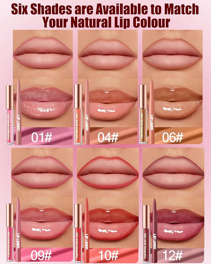 Matte Nude Lip Liner Lipstick&Hydrating Glow Lip Oil Lip Combo Set,Moisturizing Plumping Lips Gloss&Smooth Lipliner Liquid Lipstick Long-Lasting,2 in 1 Women Tinted Red Liptint Stain Balm Makeup -04