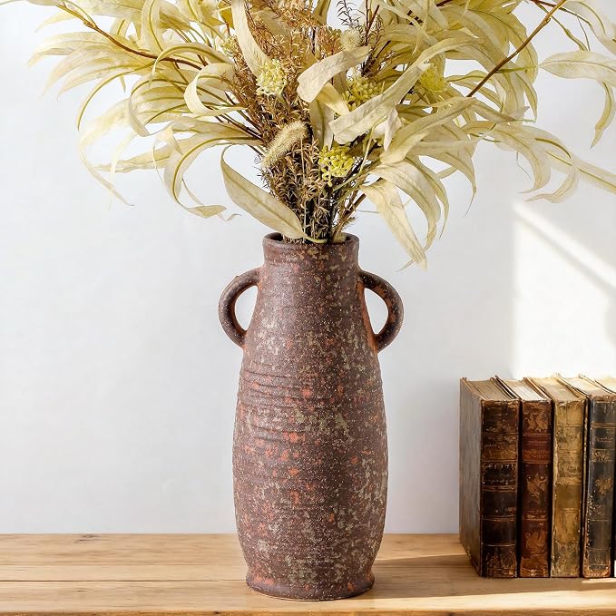 Ceramic Rustic Vase, 12.3 Inch Farmhouse Decorative Flower Vase for Home Decor, Rusty Vase for Living Room Bedroom Kitchen Office Decor Centerpiece Table Decorations