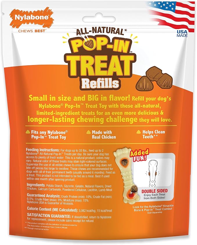 Nylabone Pop-in Treat Toy Chicken Dog Treat Refills, 90 Count | Made with real chicken, fits any Nylabone Pop-In Treat Toy, all-natural dog treats, highly digestible, limited ingredients