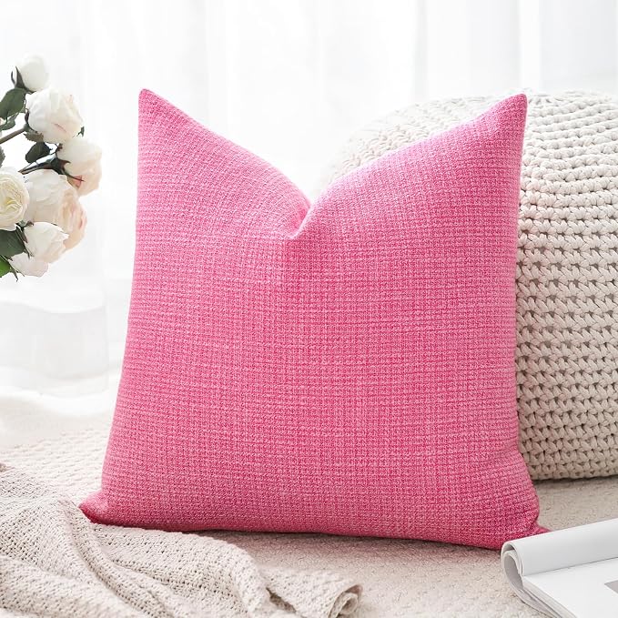 OTOSTAR Linen Throw Pillow Cover Set of 1 Decorative Square Pillowcases Cushion Covers 18x18 Inch for Home Decor Sofa Bedroom Car 45 x 45CM Rose Pink