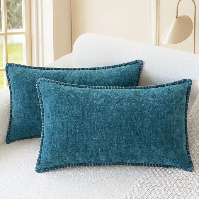 CaliTime Decorative Couch Throw Pillow Covers 20 X 12 Inches Ocean Blue | Pack of 2, Cozy Chenille Cushion Cases, Cotton Thread Stitching Edges, for Sofa Bed Living Room Farmhouse