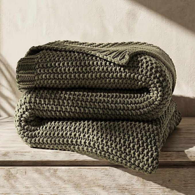 Organic Cotton Chunky Knit Throw Blanket, 60 x 80 Olive Green | OCS Certified Organic Cotton, Seed Stitch Knit, Soft & Breathable, Cozy Midweight, Decorative Throw for Couch, Bed & Sofa