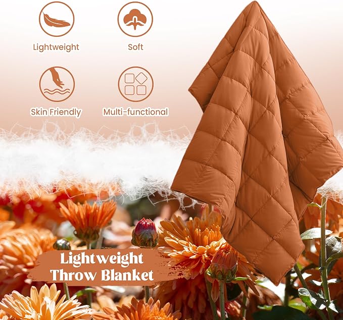 puredown® Soft Feather Down Throw Blanket Lightweight Packable Couch Throw for Indoor and Outdoor Use, Throw 50"X70", Burnt Orange, 12oz