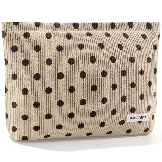 ZLFSRQ Corduroy Makeup Bag for Women Girls Cute Polka Dot Cosmetic Bag for Purse Large Capacity Trendy Zipper Makeup Pouch Toiletry Pouch Aesthetic Skincare Make Up Essentials Organizer Bags (Beige)