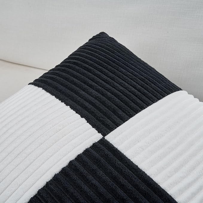 Fancy Homi Set of 2 Black White Decorative Throw Pillow Covers 18x18 Inch with for Couch Bed Sofa Living Room, Soft Cross Patchwork Striped Corduroy Modern Square Cushion Case 45x45 cm