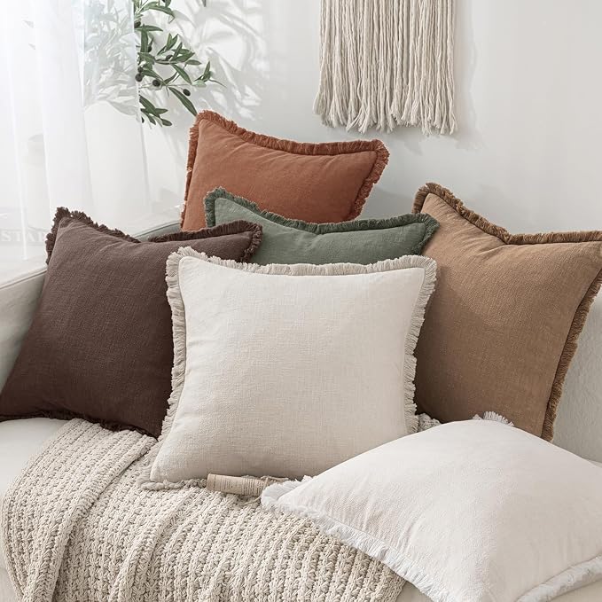 MIULEE Linen Fringe Decorative Fall Throw Pillow Covers Dark Brown 18x18 | Set of 2, Cottagecore Decor, Boho Farmhouse Neutral Pillow Covers, Rustic Fall Couch Cushion Cases for Sofa Bed Living Room