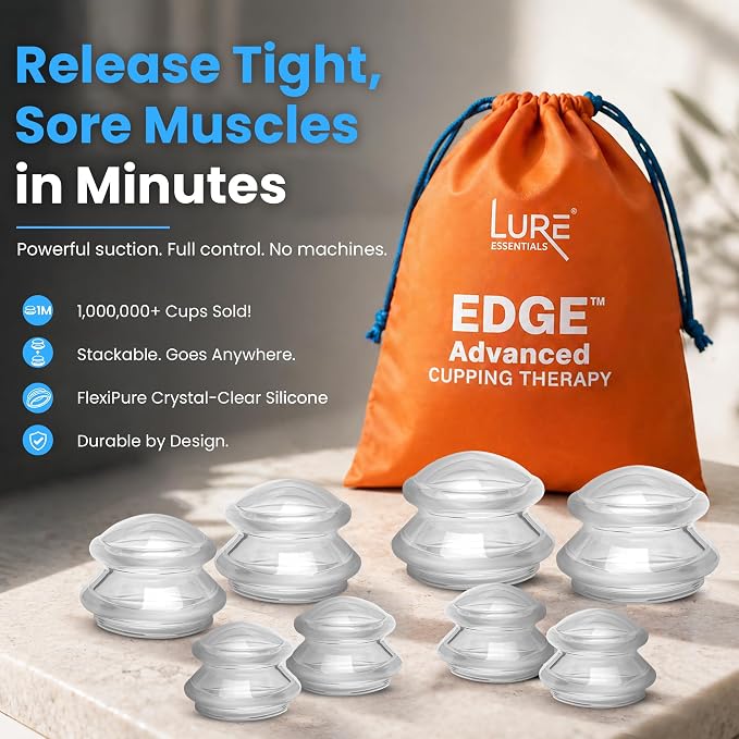 Lure Essentials Edge Silicone Cupping Set, Cupping Kit for Massage Therapy, Long Lasting Cups for Professional & Home Use, Body Sculpt Cup for Cellulite, Ultra Transparent Clear (8 Count)