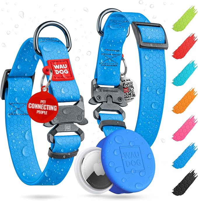 WAUDOG Waterproof Dog Collar Airtag Holder QR Tag Small Medium Large Dogs | Water and Dirt Resistant, Quick Dry QR Pet Tag Adjustable Durable Comfort for Male and Female Dogs Outdoor Walking Training