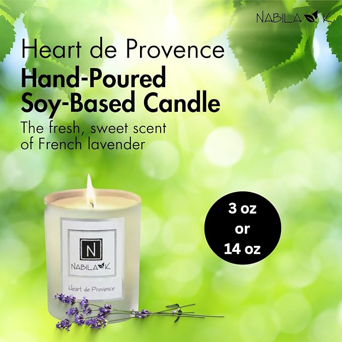 Nabila K – Heart de Provence - Soy-Based Candle – French Lavender - Hand-Poured - Cotton Wick - Aromatherapy Candle w/Essential Oils - Made in USA - 14 oz