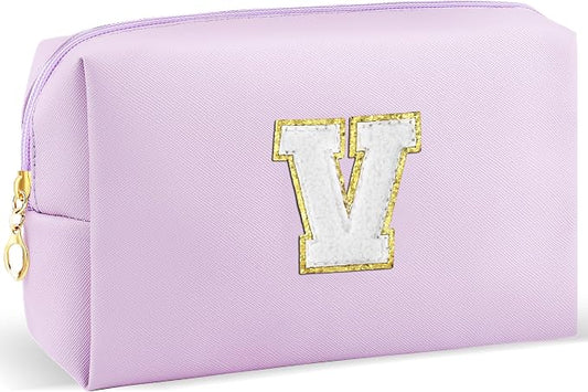URSKYTOUS Gifts for Girls Initial Makeup Bag Personalized Cosmetic Bag with Zipper Cute Travel Toiletry Bag Waterproof PU Preppy Makeup Pouch Birthday Gift for Teen Girls Women(Purple V)