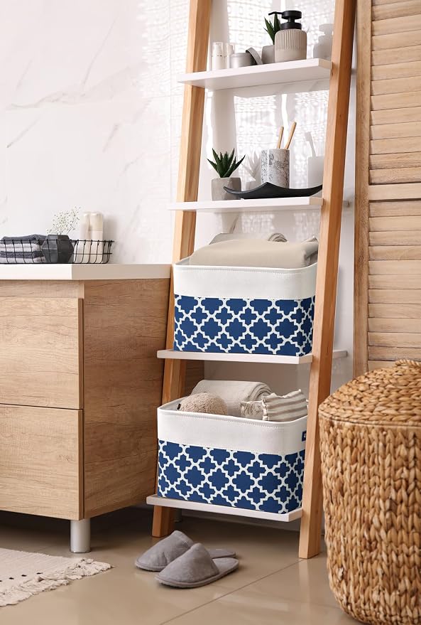 DECOMOMO Storage Bins, Large Fabric Storage Baskets for Shelves 3 Pack | 15 x 11 x 9.5 inches Decorative Linen Closet Organizers with Handles (Blue Patterns)