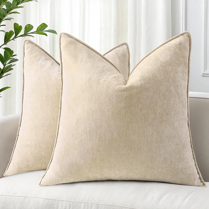 decorUhome Chenille Beige Velvet Throw Pillow Covers 26x26 Set of 2 | Fall Soft Euro Sham Couch Decorative Modern Farmhouse Pillow Cases with Elegant Design for Sofa Bed Living Room Home Decor