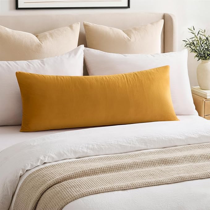 Throw Pillow Covers Lumbar 14x36 Inch Velvet Pillow Covers, Soft Decorative Mustard Yellow Pack of 1 Long Pillow Case for Couch Cushion Chair Sofa Bed Living Room