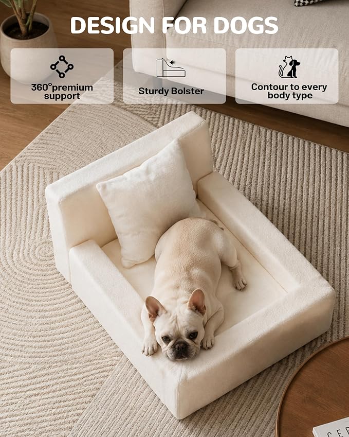 Boucle Dog Bed with Pillow, Furniture Style Dog Couch with Backrest, Washable Calming Pet Sofa Lounge for Small Medium Dogs, Beige