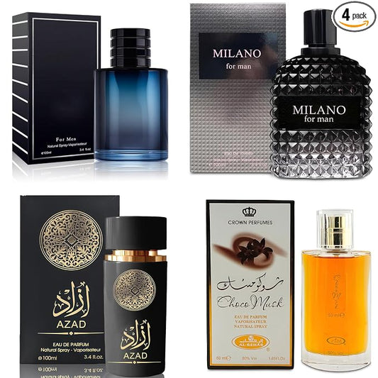 AFLUXE 4-Piece Cologne for Men Includes Choco Musk/SE/AZAD/Milano Scent of Woody, Spicy, Citrus & Aromatic eau de parfum Men Gift Set Each 100Ml for Daily Use