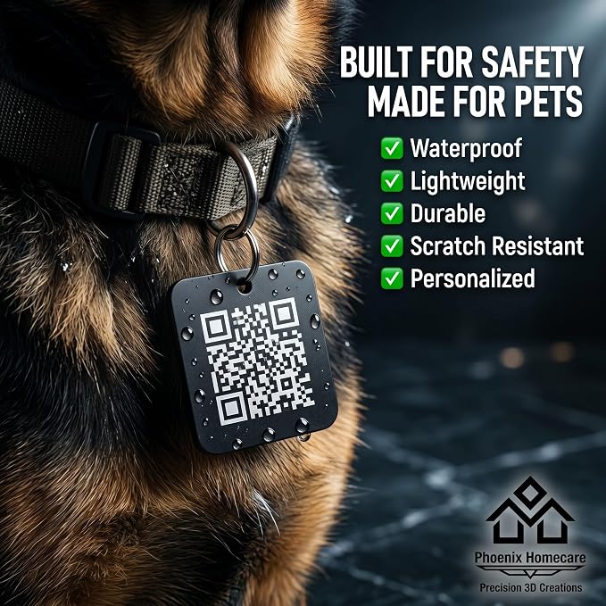 Phoenix Homecare Personalized QR Code Pet ID Tag for Dogs & Cats | Waterproof Smart Collar Tag | Custom Pet ID with Owner Contact, Emergency & Medical Information | No App Required