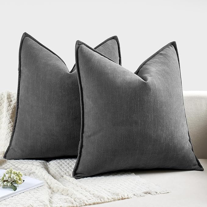 MIULEE Pack of 2 Dark Grey Euro Shams Chenille Pillow Covers 22x22 Inch | Decorative Soft Couch Throw Pillows,Farmhouse Cushion Covers,Elegant Design for Sofa,Bed,Living Room,Summer Decor