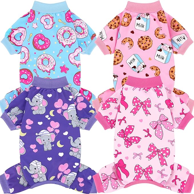XPUDAC 4 Pieces Dog Pajamas Soft Strechy Puppy Onesies Pet Clothes for Small Medium Dogs Boy Girl Cat Pet Outfit, 153-M