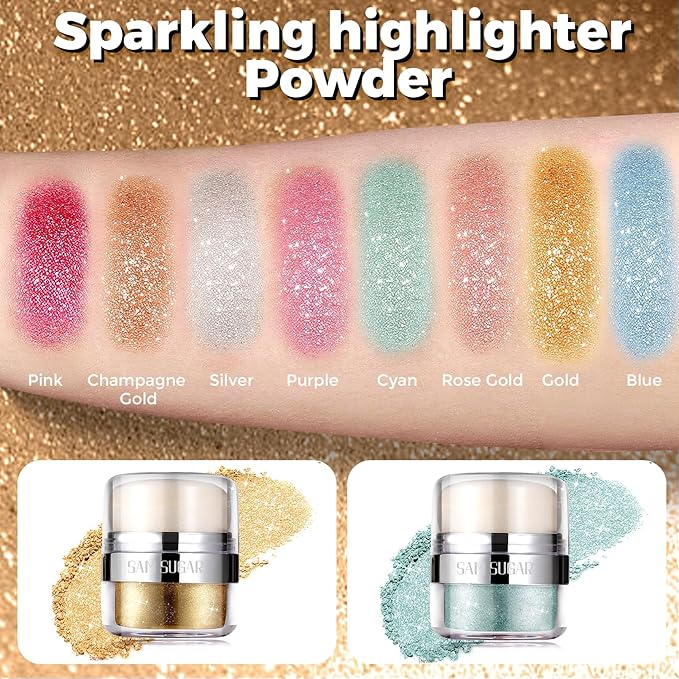 Body Shimmer Powder, 2PCS Body Glitter Powder with Sponge Head, 3D Contour & Long Lasting Luminous, Glow Highlighter Makeup for Face, Eyes, Hair, Perfect for Daily, Party (Cyan/Gold)