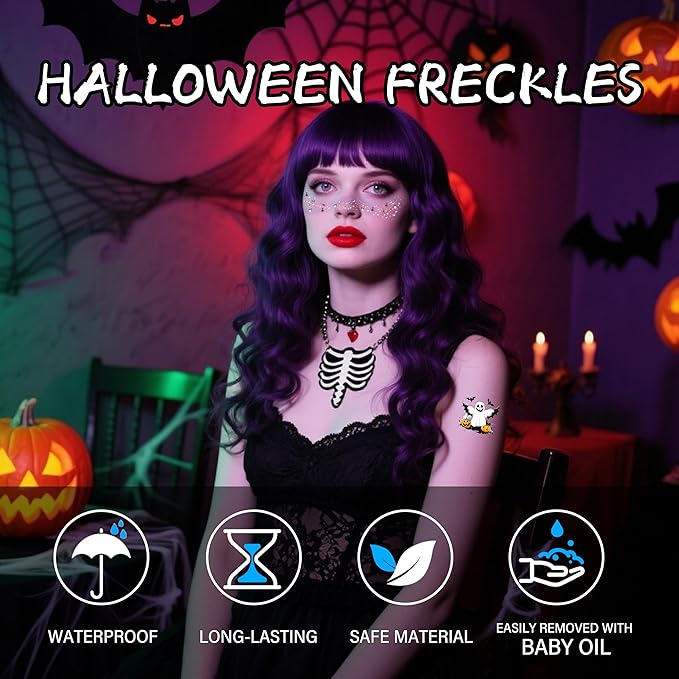 8 Pcs Halloween Face Gems Glitter Freckles Tattoos - Waterproof Face Jewels with Pumpkin Ghost Designs - Sparkling Face Makeup Stickers for Women, Kids, Party & Rave Supplies