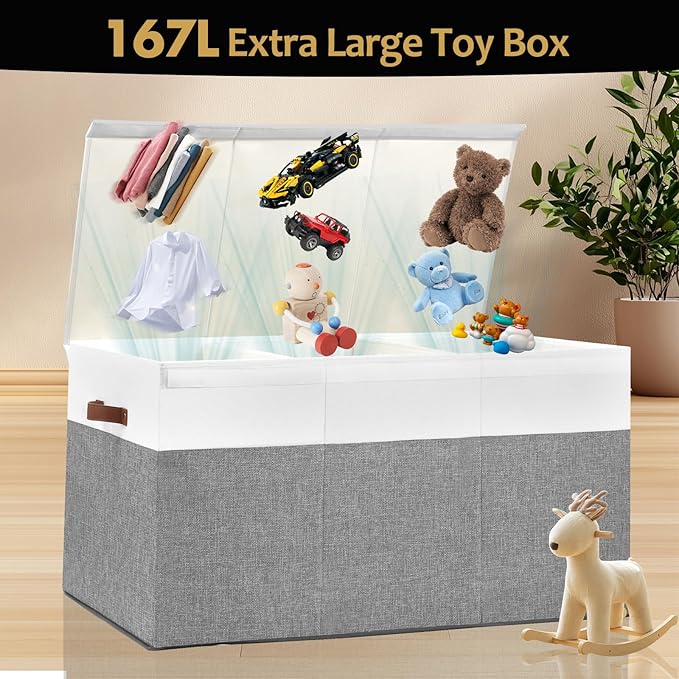 Extra Large Toy Storage Box with Lid,Toy Chest Bin Basket with Dividers | Sturdy Toy Organizer Bin for Kids, Boys, Girls, Nursery, Closet, Bedroom, Playroom 35.5"x17" x17"(Grey and White)