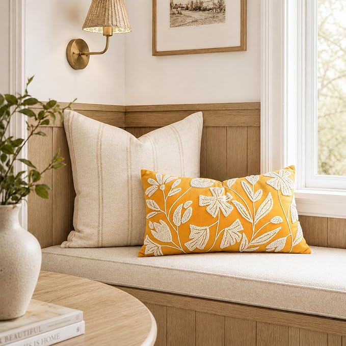 Lumbar Pillow Cover 12x20 Inch, Mustard Floral Tufted Velvet Decorative Accent Pillow Case for Sofa Bed Living Room, Cover Only