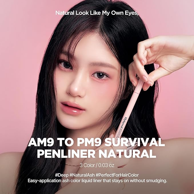 lilybyred AM9 to PM9 Survival Penliner Natural | Korean Soft Ash Tone Liquid Eyeliner, 0.1mm Ultra-Fine Brush, Quick-Dry, Smudge-Proof, Layerable Ash Pigment, Buildable Color, 0.035 oz. (01 Ash Black)