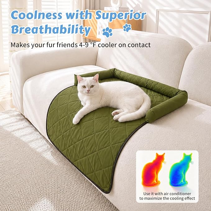 Cooling Dog Bed Mats with Neck & Head Support, 31.5 x 23.62 inch Army Green | for Small and Medium Dogs & Cats, Non-Slip, Machine Washable, Protects Sofa from Fur & Scratches