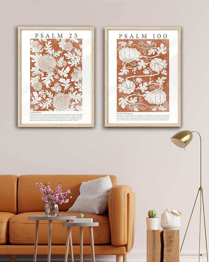 EcoHest 16x20 in Psalm 23 Orange Floral Botanical Framed Christian Wall Art | Solid Oak Wood Frame with Canvas Wall Art, Scripture Bible Verse Wall Decor for Bedroom, Living Room, Office, Church, 1Pack