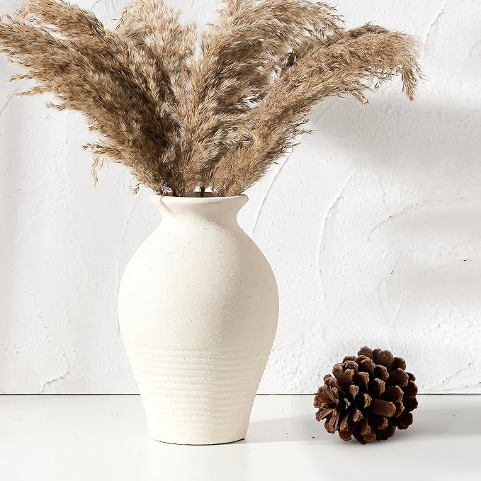 Ceramic Rustic Farmhouse Vase, 9.2 inch Whitewashed Terracotta Vase | Ceramic Vintage Flower Vases,Table Decorative Vases for Home Decor Table Living Room Shelf Mantel Decoration(Off-White)