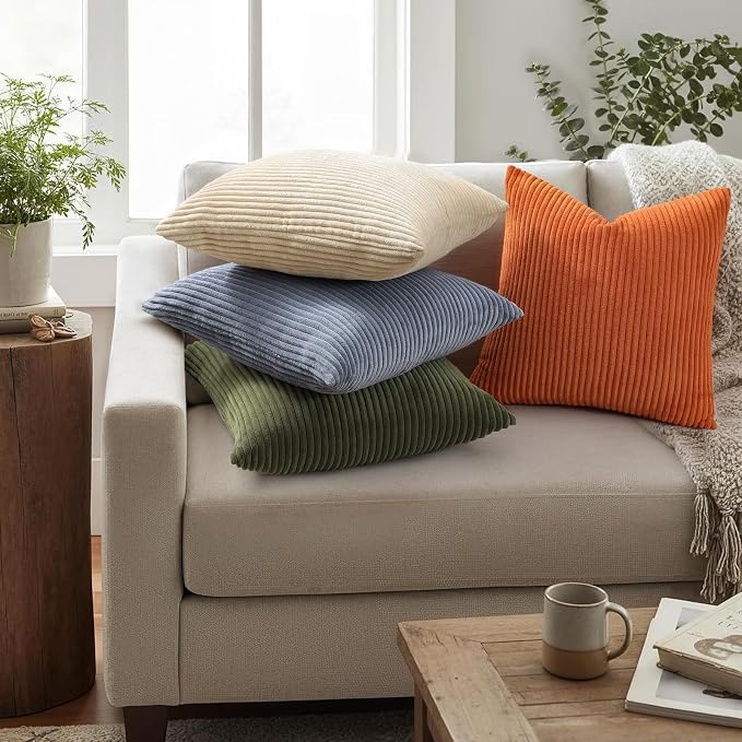 Mecatny Corduroy Fall Throw Pillow Covers 18x18 Set of 2 Burnt Orange | Soft Striped Texture, Hidden Zipper Design, Neutral Boho Square Pillow Cases for Sofa Couch Living Room Bedroom, Home Décor