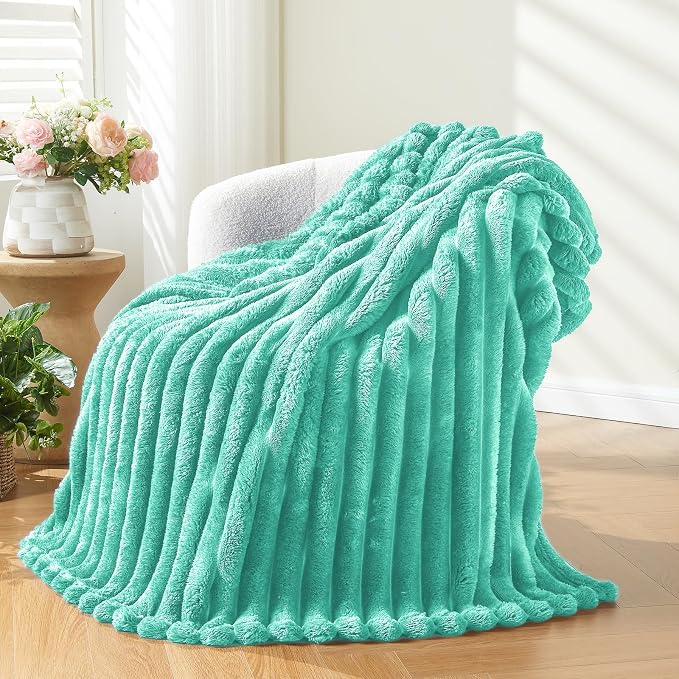 NEWCOSPLAY Fleece Ribbed Cozy Queen Blanket for Couch, Aqua, 90"x90" | Premium Silky Flannel Blanket, Soft Lightweight Fluffy Throw Blanket for Bed Sofa Decor, Gift for All Season Use