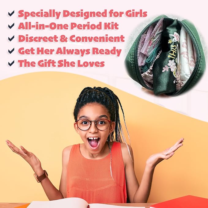 First Period Kit for Girls 10-12, Period Bag for School & Gift Set(Green) | Compact green period bag with pads, wipes, Period Tracker & Booklet — Discreet First Period Gift for Schoolor on the go.