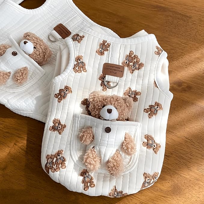 Cute Pet Apparel Plush Bear Pattern Cartoon Dog Clothes All Season Sleeveless Puppy Kitten Pullover Soft Skin-Friendly (White1, L (7.7-11lbs))