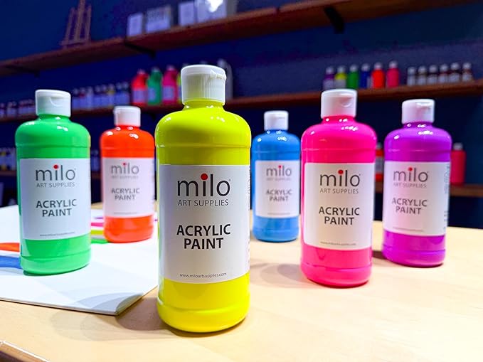 milo Fluorescent Acrylic Paint Set of 6 Colors | 16 oz Bottles | Student Neon Colors Acrylics Painting Pack | Glows UV in Black Light | Non-Toxic Art & Craft Paints for Artists & Hobby Painters | Made in USA